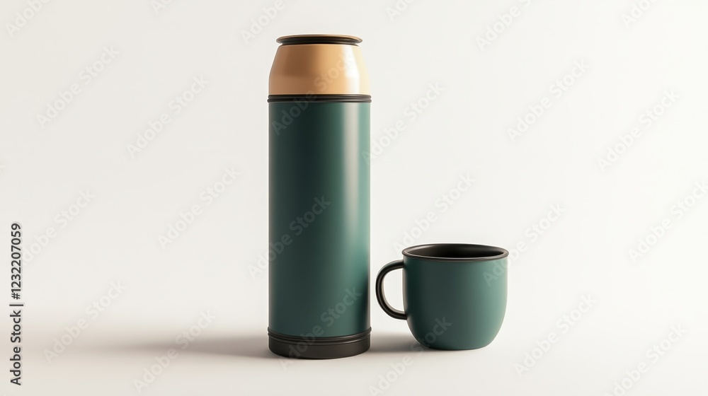 Stylish teal thermos and matching cup on a minimalist background Stylish teal thermos and matching cup on a minimalist background
