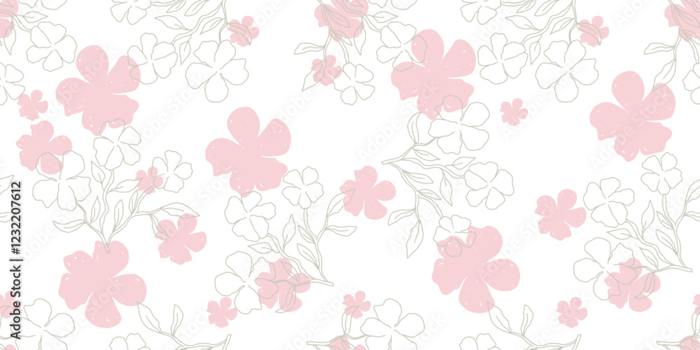 Floral pink flowers seamless pattern, hand drawn vector illustration Floral pink flowers seamless pattern, hand drawn vector illustration