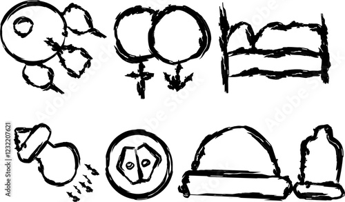 set of linear sexual health icons in doodle style. hand drawn scribbled icons of cell division, having safe sex, diaphragm, condom, in vitro, sperm, perfect match icon for app and website ui design