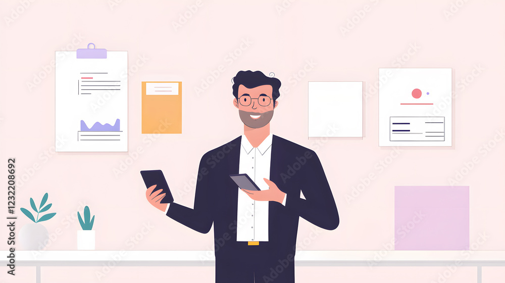 Businessman Tech Profile with Smartphone in Modern Office Setting Businessman Tech Profile with Smartphone in Modern Office Setting