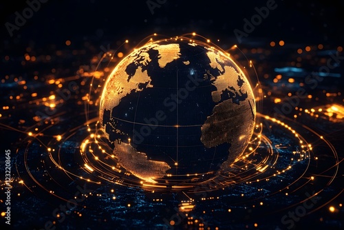 A black background with the glowing outline of Earth on top, and digital data lines forming an array around it. The globe is made up of gold and orange neon lights