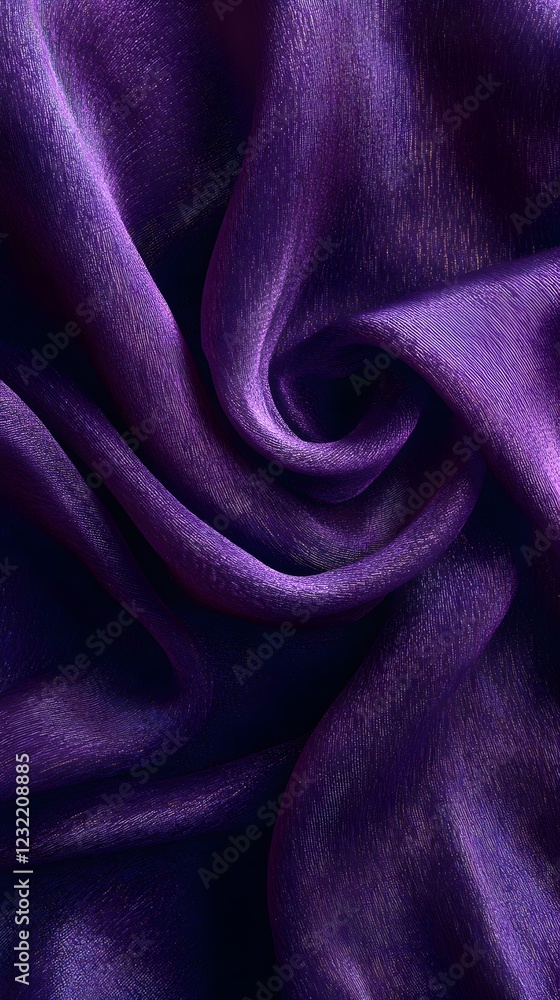 Fototapeta premium Purple Silk Drape: Luxurious deep purple silk fabric in soft, swirling folds, creating an elegant and captivating texture. The rich color and fluid movement evoke a sense of sophistication and drama.