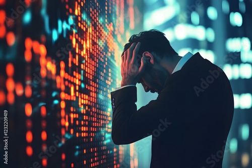 A stock market crash with a businessman in a suit holding his head, the background is an abstract digital chart of falling numbers photo