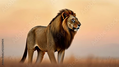 Wallpaper Mural Majestic Lion Standing on Savannah at Dawn With Golden Mane Under Glowing Sky Reflecting Peaceful Wildlife and Natural Serenity in Warm Tones for Nature and Animal Lovers, Wildlife Photography Torontodigital.ca