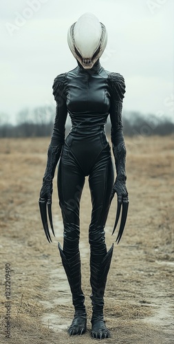Alien Creature Standing In Field With Claws Black Attire And Bony Head With Sharp Teeth