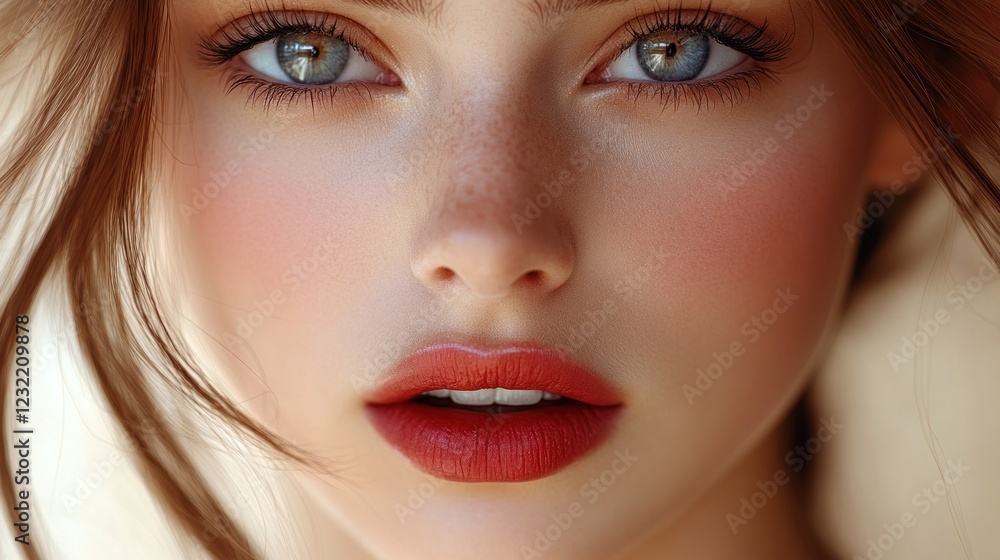 A close-up of glossy lips adorned with natural makeup, highlighting beauty and elegance A close-up of glossy lips adorned with natural makeup, highlighting beauty and elegance