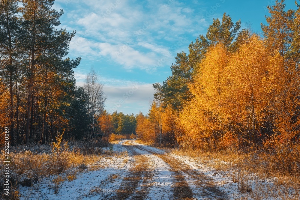 Snowy autumn forest road, sunlit, trees, winter Snowy autumn forest road, sunlit, trees, winter