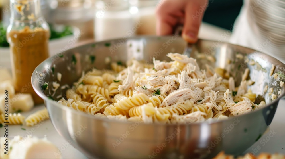 Chicken Pasta Salad Preparation with Cooked Spiral Noodles in Steel Bowl at Meal Time Chicken Pasta Salad Preparation with Cooked Spiral Noodles in Steel Bowl at Meal Time