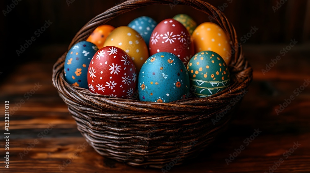 A vibrant DIY Easter basket filled with colorful eggs, floral cutouts, and ribbons, resting on a wooden surface A vibrant DIY Easter basket filled with colorful eggs, floral cutouts, and ribbons, resting on a wooden surface