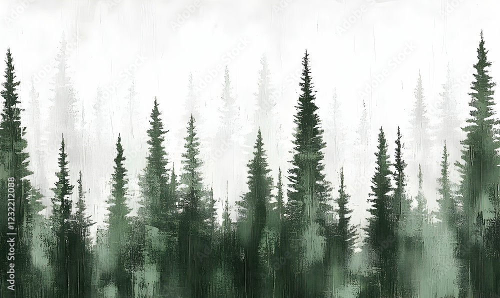 Obraz premium Serene misty forest landscape featuring tall evergreen trees in shades of green, perfect for nature-themed designs and calming backgrounds.