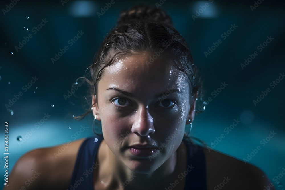 Female swimmer emerging from water with determined expression Female swimmer emerging from water with determined expression