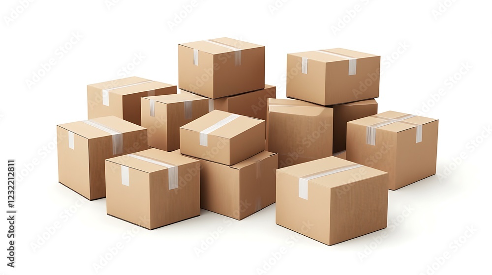 Fototapeta premium A group of labeled cardboard boxes prepared for shipment, showcasing organized warehouse storage, isolated on a white background
