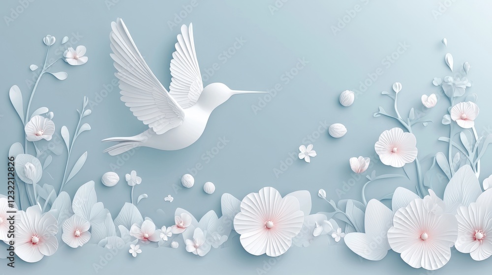 Stylized hummingbird near spring flowers, flat-design Stylized hummingbird near spring flowers, flat-design