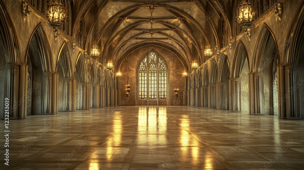 Grand Interior With Arched Ceilings And Stained Glass Window In Classic Architectural Style Grand Interior With Arched Ceilings And Stained Glass Window In Classic Architectural Style