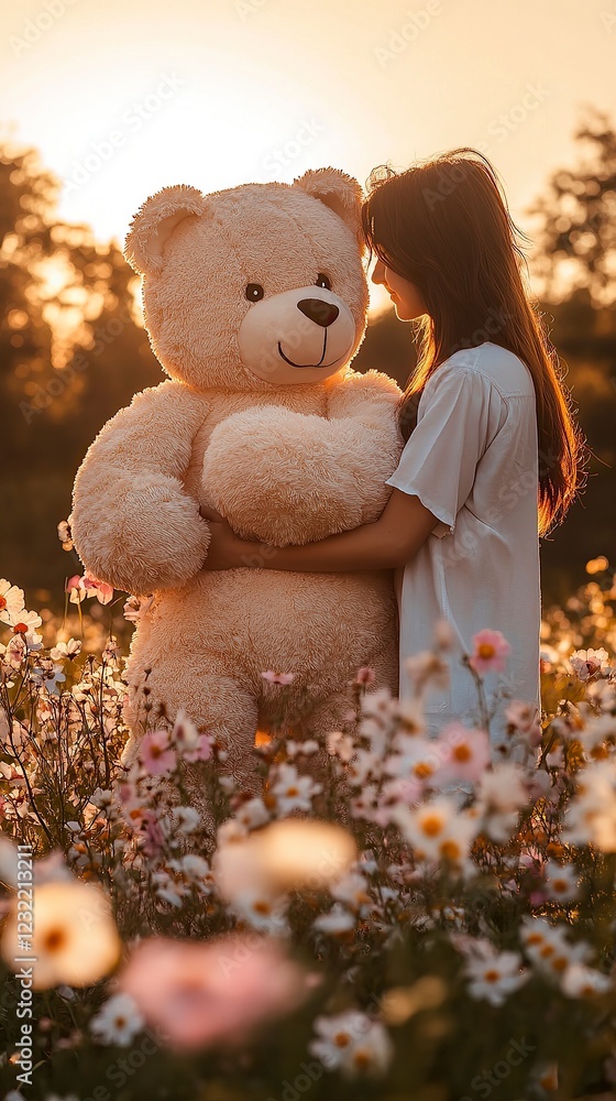 Fototapeta premium Couple Holding a Giant Teddy Bear with Romantic Backdrop, Teddy Day