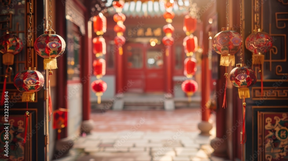 Fototapeta premium Vibrant red lanterns and beautiful blooms create a festive ambiance for the Chinese New Year celebration