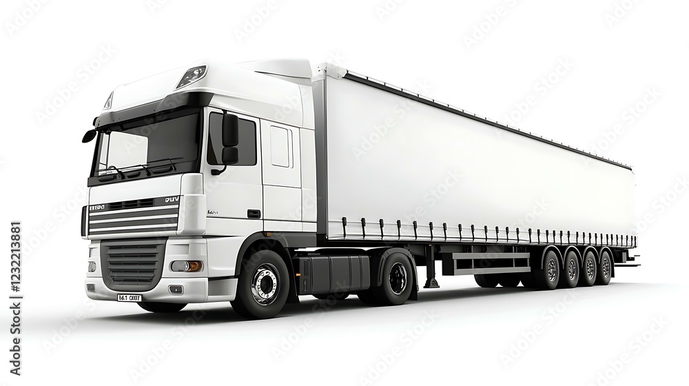 A large cargo truck driving on Autobahn 3, isolated on a white background, representing highway freight transportation A large cargo truck driving on Autobahn 3, isolated on a white background, representing highway freight transportation