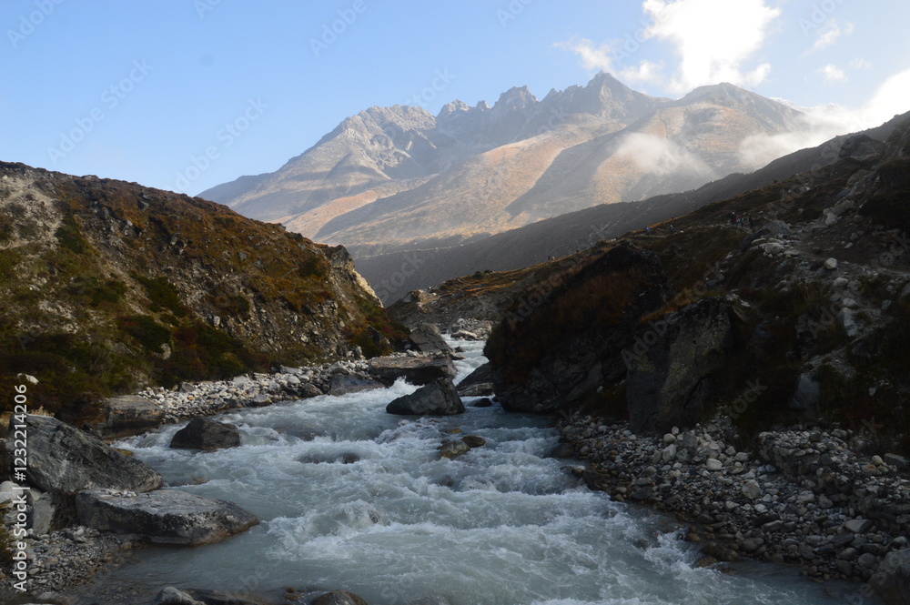 Close up of Mount Everest during sunrise in the Khumbu Valley of the Himalaya mountains in Nepal Close up of Mount Everest during sunrise in the Khumbu Valley of the Himalaya mountains in Nepal