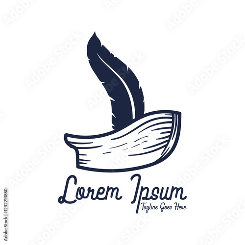 Vintage Retro Quill Feather with Wooden Ship Boat Illustration Logo Design