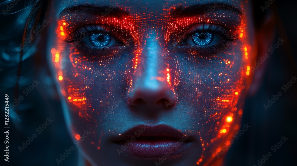 A woman's face is covered in glowing red and blue lights A woman's face is covered in glowing red and blue lights