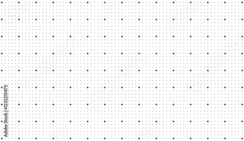 Seamless grid pattern: subtle halftone design featuring repeated small hatch crosses and tiny elements. Abstract geometric texture with faded black and white rectangle prints. Vector illustration.