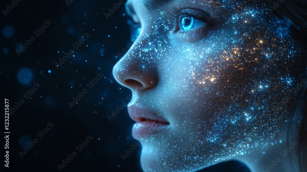 A woman's face is covered in glitter, giving it a futuristic A woman's face is covered in glitter, giving it a futuristic