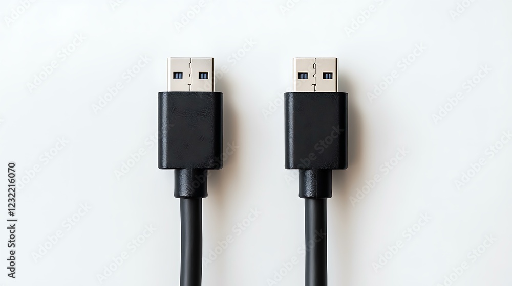 A pair of USB cables plugged into each other, representing digital connection and data transfer, isolated on a white background A pair of USB cables plugged into each other, representing digital connection and data transfer, isolated on a white background