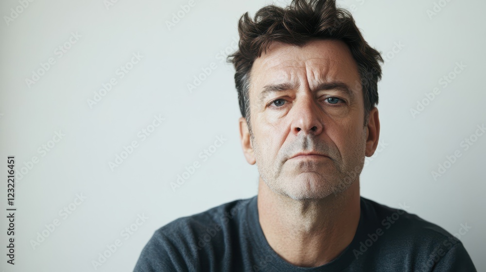 Thoughtful Man with Serious Expression in Neutral Background Thoughtful Man with Serious Expression in Neutral Background
