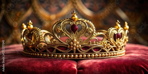 Regal headpiece sitting atop a velvet cushion, surrounded by ornate golden filigree, crown, velvet,  crown
