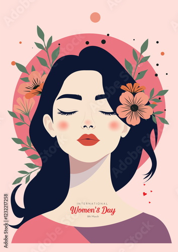 International Women's Day Illustration: A serene and elegant portrait of a woman adorned with delicate flowers, celebrating International Women's Day with a touch of artistry.