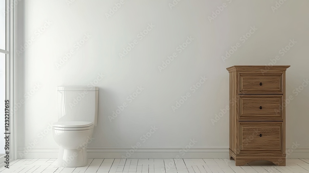 Interior of a toilet with a toilet and a chest of drawers near a white wall. place for text Interior of a toilet with a toilet and a chest of drawers near a white wall. place for text