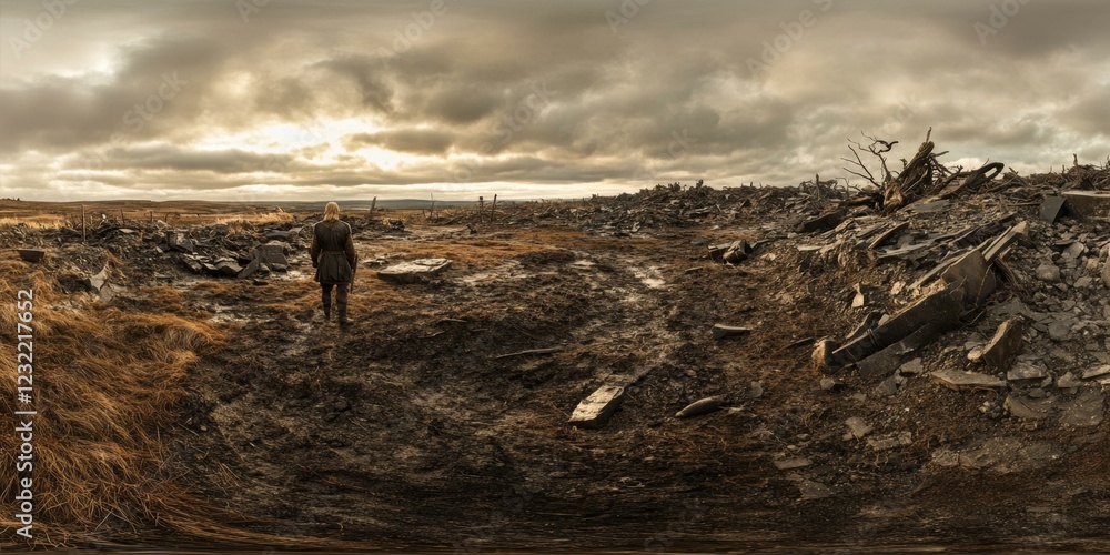 Woman Walking Through A Ruined Landscape Amidst Overcast Sky Woman Walking Through A Ruined Landscape Amidst Overcast Sky