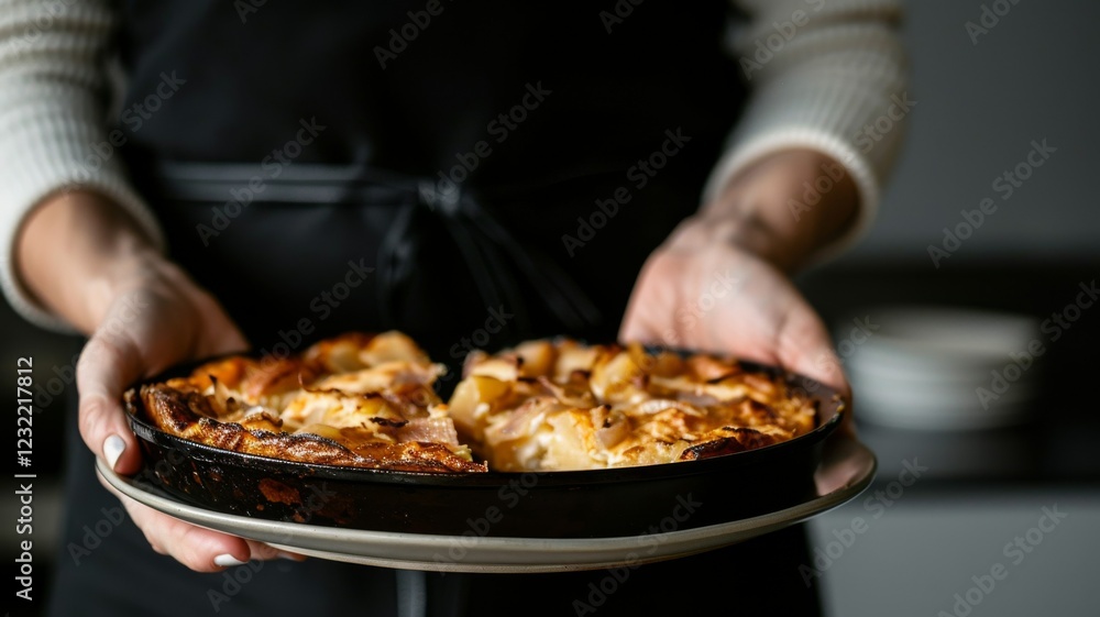 Tortilla Española (Spanish omelette): A thick, golden Spanish omelet sliced into wedges, with layers of potatoes and onions, served on a ceramic plate with a side of aioli. Tortilla Española (Spanish omelette): A thick, golden Spanish omelet sliced into wedges, with layers of potatoes and onions, served on a ceramic plate with a side of aioli.