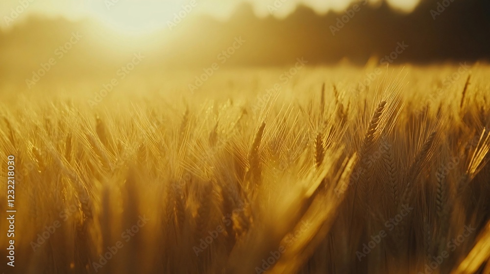 A golden wheat field illuminated by the warm glow of the setting sun, with soft focus creating a serene and tranquil atmosphere A golden wheat field illuminated by the warm glow of the setting sun, with soft focus creating a serene and tranquil atmosphere