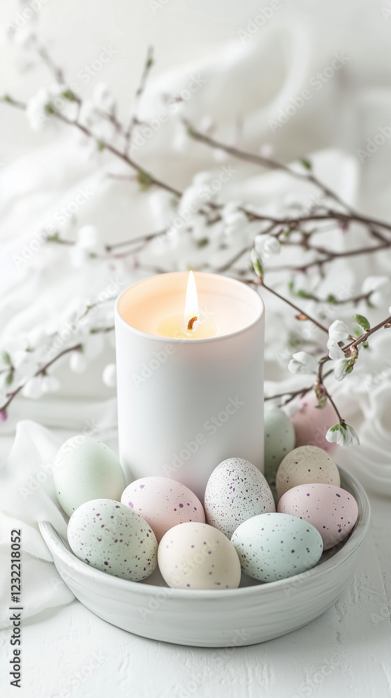 Elegant Easter candle with pastel speckled eggs and blossoms Elegant Easter candle with pastel speckled eggs and blossoms