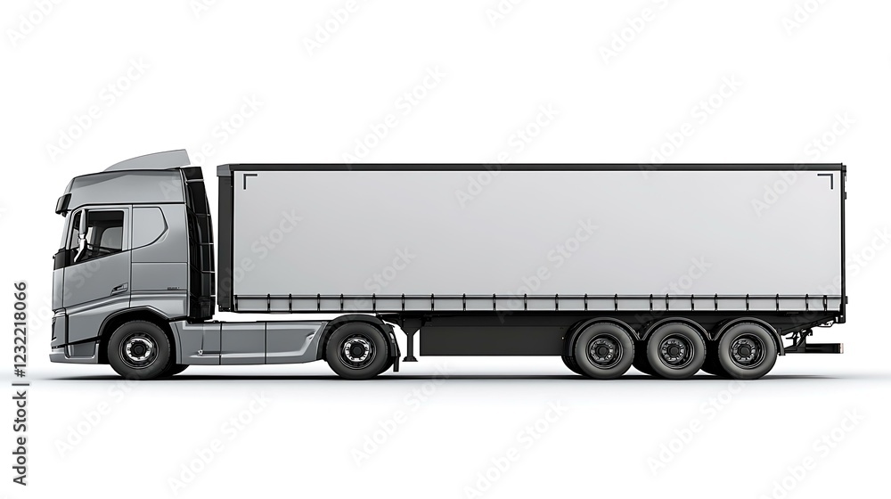A side view of a long-haul truck driving along Autobahn 3, showcasing the efficiency of freight transport, set against a white background A side view of a long-haul truck driving along Autobahn 3, showcasing the efficiency of freight transport, set against a white background