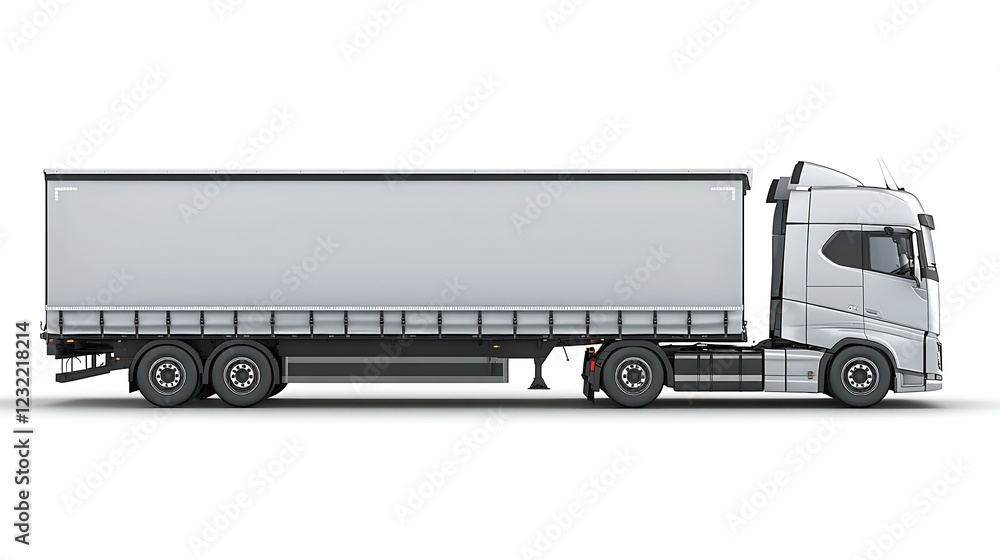 A side view of a powerful transport truck with a spacious cargo trailer, emphasizing road transportation and logistics, placed on a plain white background A side view of a powerful transport truck with a spacious cargo trailer, emphasizing road transportation and logistics, placed on a plain white background
