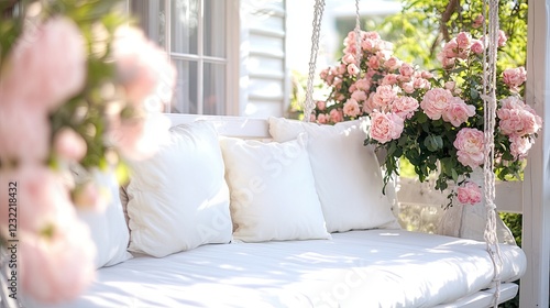 swing with white pillows on the summer veranda decorated with vases of pink flowers.