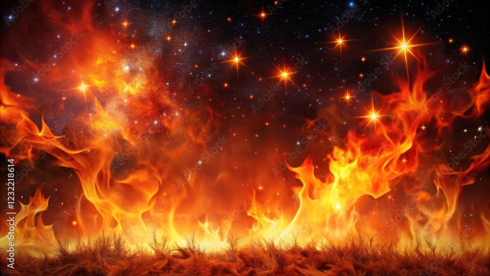 Fiery flames engulf the dark night sky with vibrant orange and red hues, as stars twinkle like diamonds in the background , hues, flames Fiery flames engulf the dark night sky with vibrant orange and red hues, as stars twinkle like diamonds in the background , hues, flames