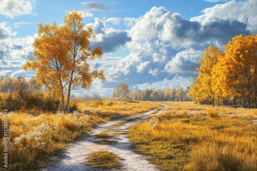 Autumnal Country Road, Golden Trees, Cloudy Sky, Rural Landscape, Fall Autumnal Country Road, Golden Trees, Cloudy Sky, Rural Landscape, Fall