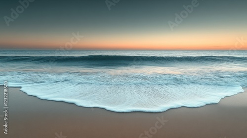 Calm Waves Gently Lapping at Sandy Shore During Twilight Hours. Generative AI