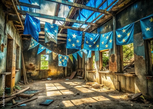 Abandoned Building Decorated with 3D-Printed Federated States of Micronesia Flags - Urban Exploration Photography photo