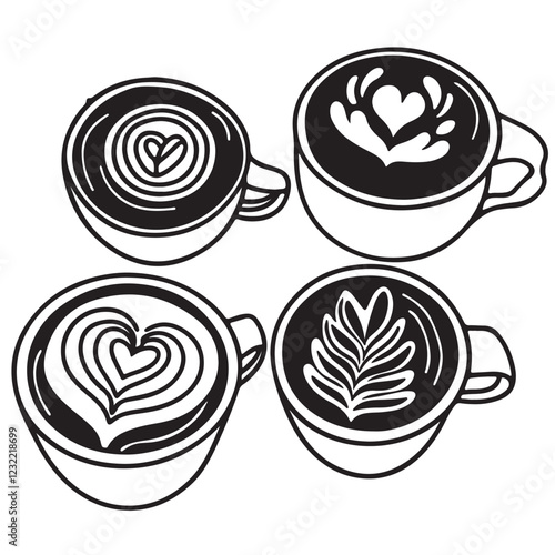 Hot coffee menu. Front view. Latte, cappuccino, americano, espresso, mocha, cocoa. Vector illustration.