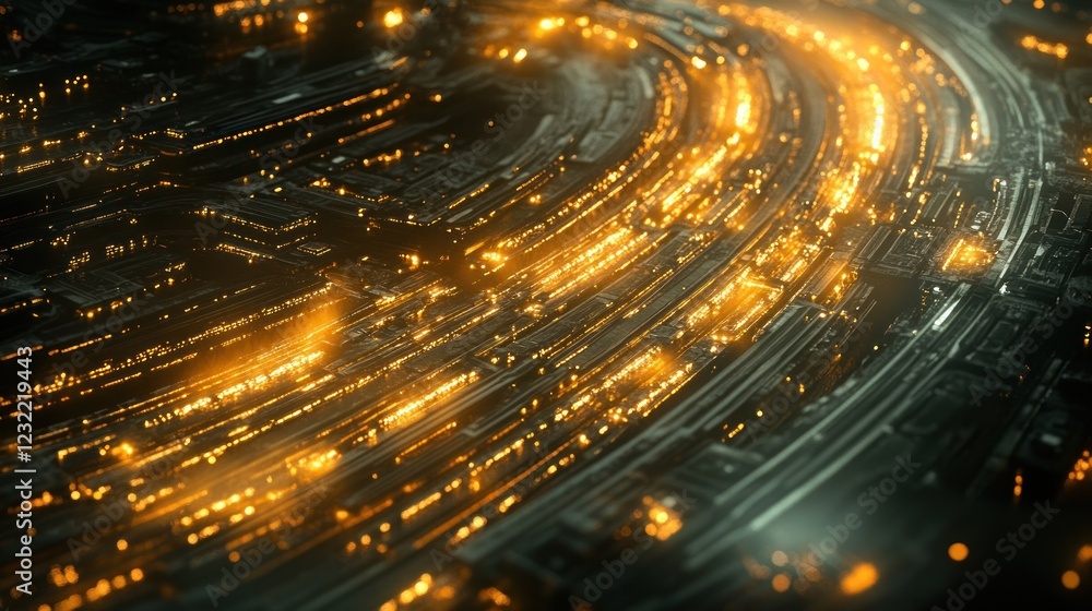 Fototapeta premium Abstract Futuristic Cityscape: Glowing Circuits and Structures