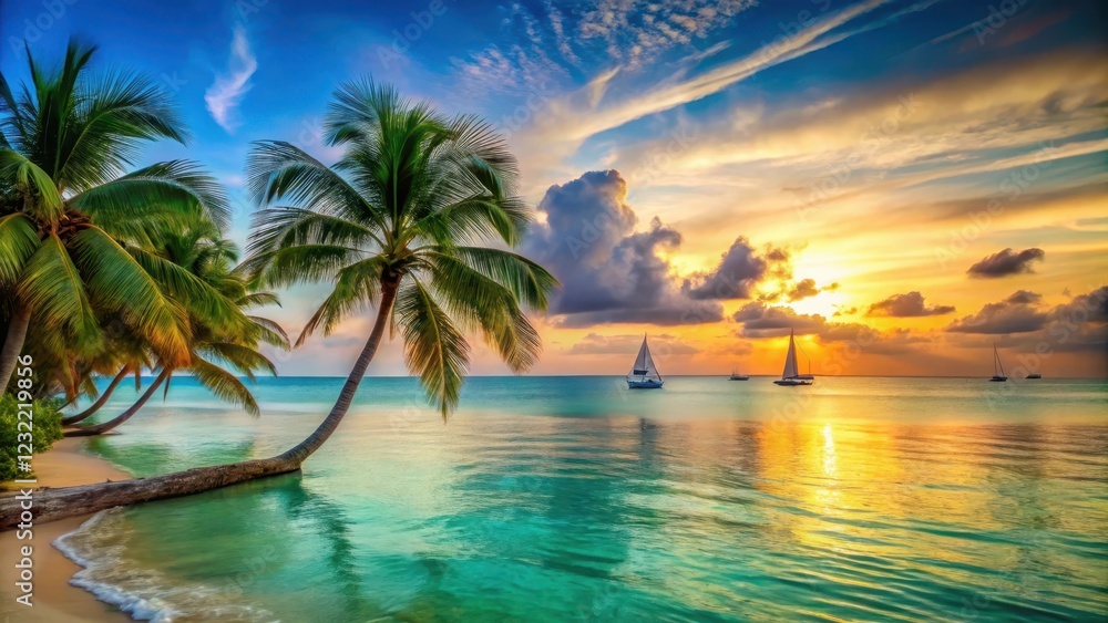 Sunset over calm turquoise waters with a bright blue-green gradient background, palm trees swaying gently on the beach, and a few sailboats in the distance, peaceful, calma Sunset over calm turquoise waters with a bright blue-green gradient background, palm trees swaying gently on the beach, and a few sailboats in the distance, peaceful, calma