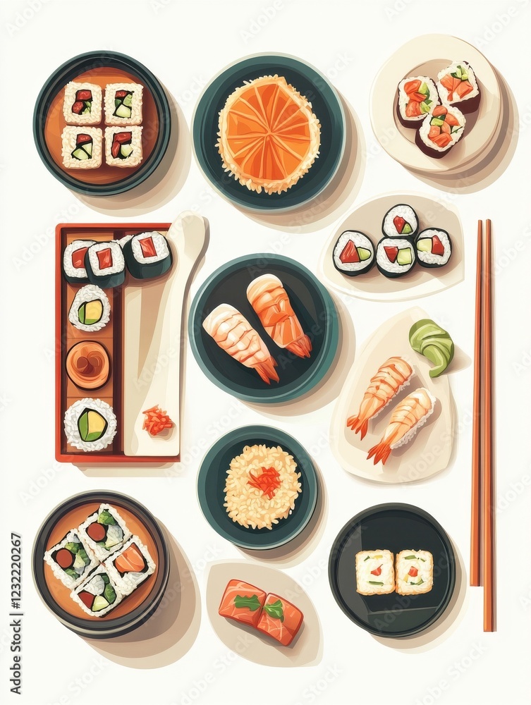 Naklejka premium Asian food abstract concept vector illustration set. Chinese and Japanese food, Korean cuisine, oriental restaurant menu, asian spice, sushi takeout, dim sum, chopsticks eating abstract metaphor.