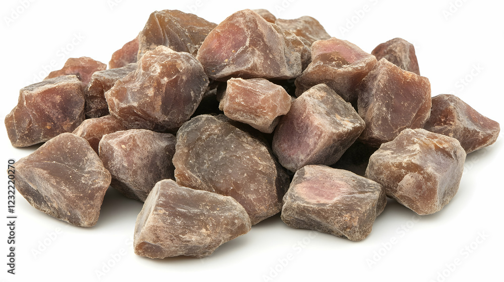 Brown rock salt pile, food ingredient, white background, culinary use