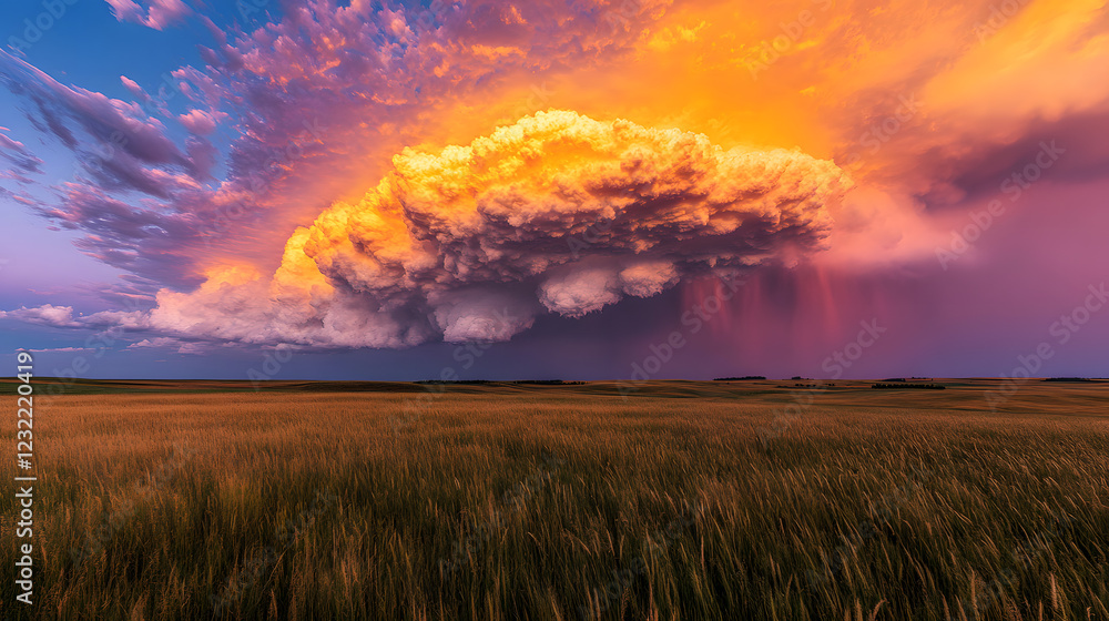 Fototapeta premium Thick, fiery clouds forming above the grassy landscape.