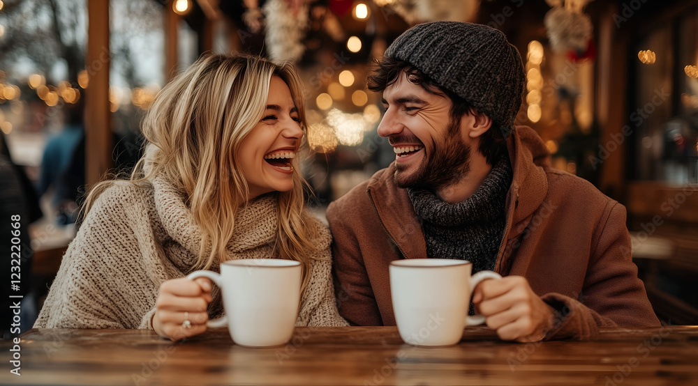 man and woman are sitting at a table in a café, laughing while having coffee together. The couple is wearing warm , with one of them holding two white mugs in their hands. man and woman are sitting at a table in a café, laughing while having coffee together. The couple is wearing warm , with one of them holding two white mugs in their hands.