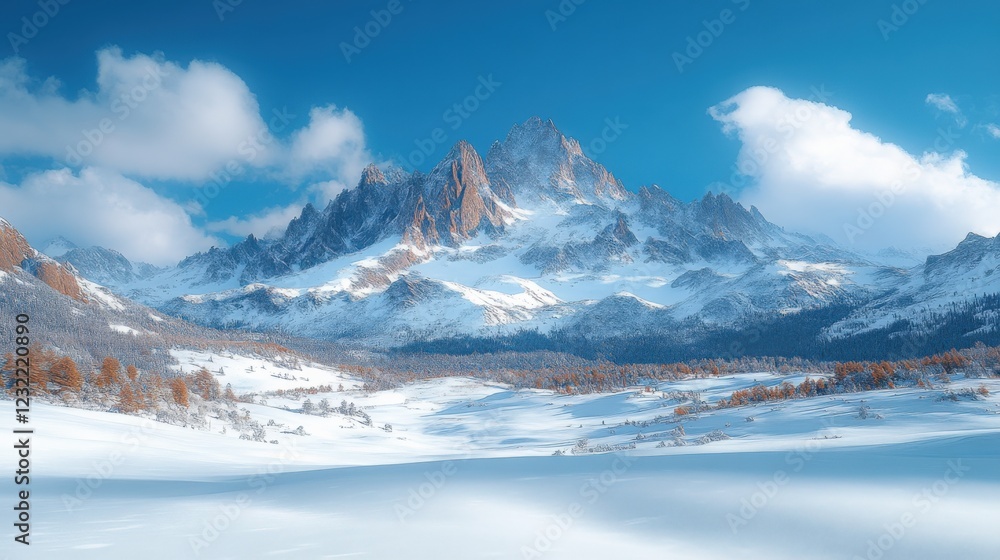 Obraz premium Majestic Mountains Rise Over a Serene Winter Landscape With Snow. Generative AI